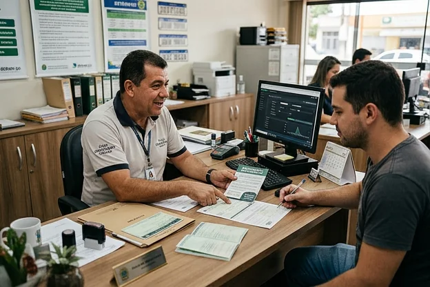 Despachante explicando a importância do licenciamento de veículos em Catalão.